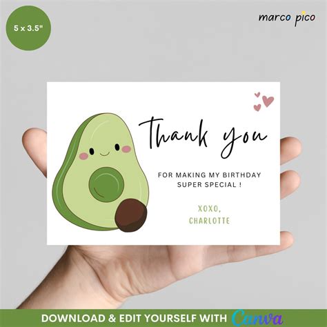 Avocado Themed Thank You Card Template, Editable Avocado Birthday Thank ...