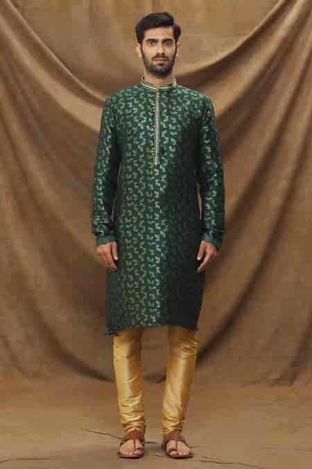 Buy Green Jacquard, , Chanderi Embroidery Metallic Flora Pattern Kurta ...
