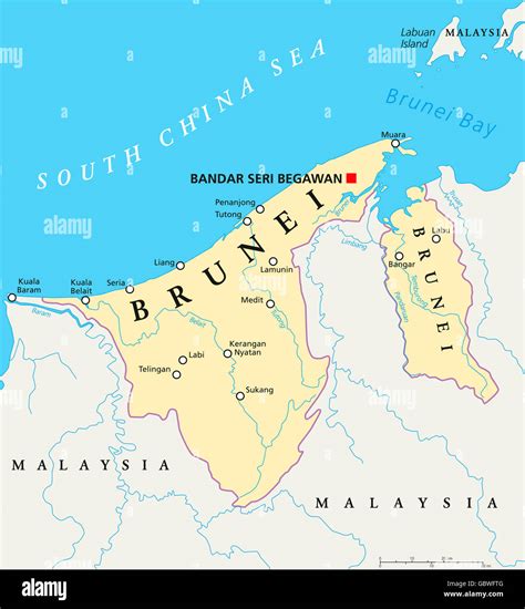 Brunei political map with capital Bandar Seri Begawan, national borders ...