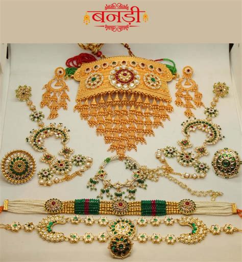 Green and White Pearls Rajputi jewelry Set with Artificial Golden Aad