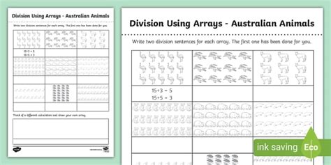 Division Using Arrays Australian Animals Worksheet