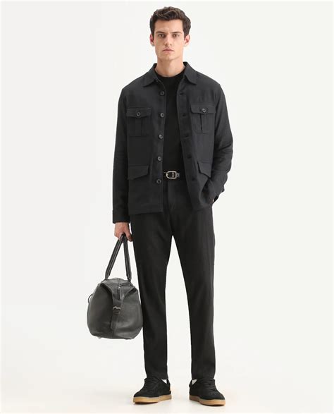 Rare Rabbit Men's Masoni-T Black Linen Blend Fabric Collared Neck Regu