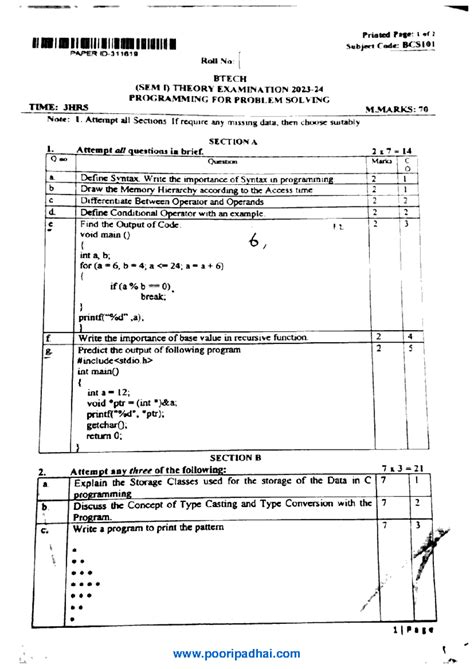 Programming for Poble Solving-BCS101 - Printed Page: of 2 Subject Code ...