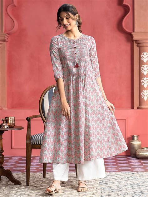 Buy Green Ethnic Floral Printed Pin Tuck A-Line Kurta - Jaipur Kurti
