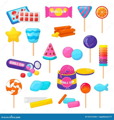 Bubble Gum and Candies. Isolated Gummy Pack, Chewing Gums and Lollipops ...