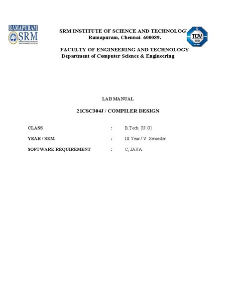 21CSC304J Compiler Design Lab Manual: Experiments and Procedures - Studocu