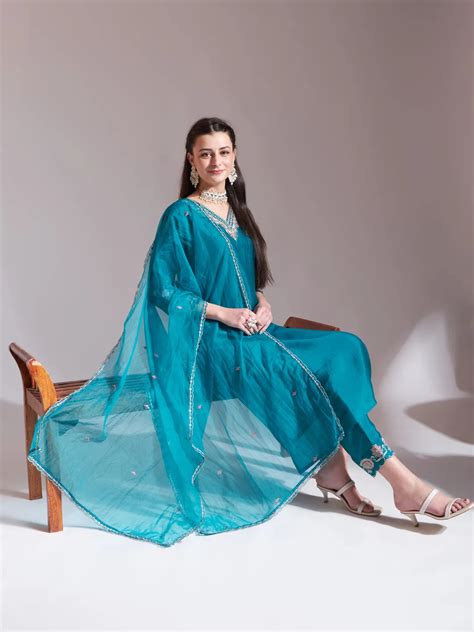 Teal Blue Embroidered Kurta With Pant And Dupatta Comes With Cotton Li ...