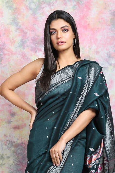 Silver Zari Weaving Teal Linen Saree – Charukriti