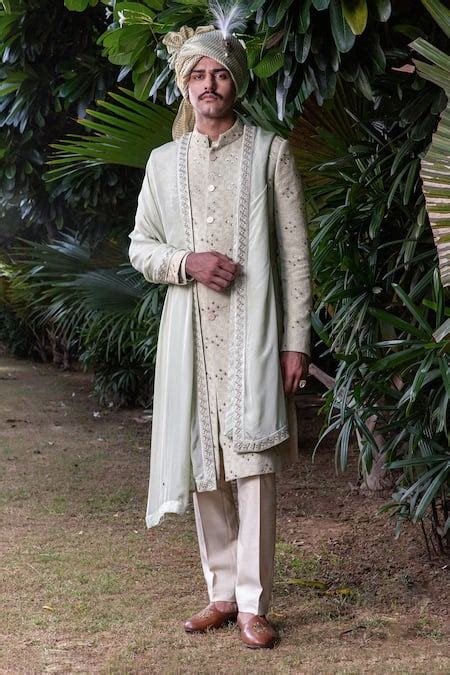Buy Green Silk Embroidery Heer Sherwani And Kurta Set For Men by ...