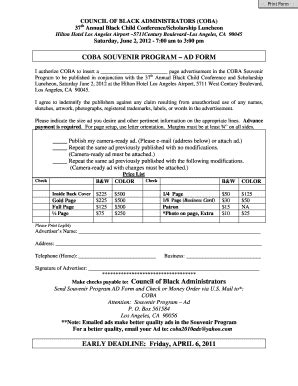 Fillable Online COBA SOUVENIR PROGRAM AD bFORMb Make checks payable to ...