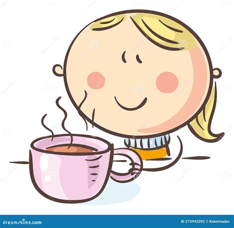 Doodle Little Girl Drinking a Hot Drink during Illness. Cartoon Kid ...