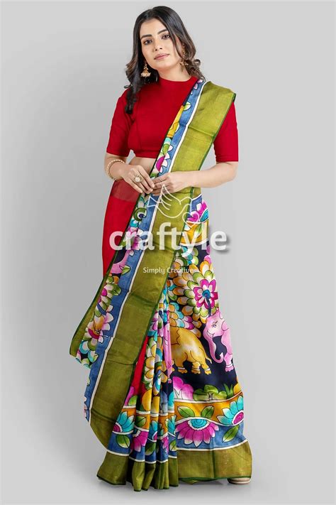 Hand Painted Kalamkari Saree - Elephant Motif Zari – Craftyle
