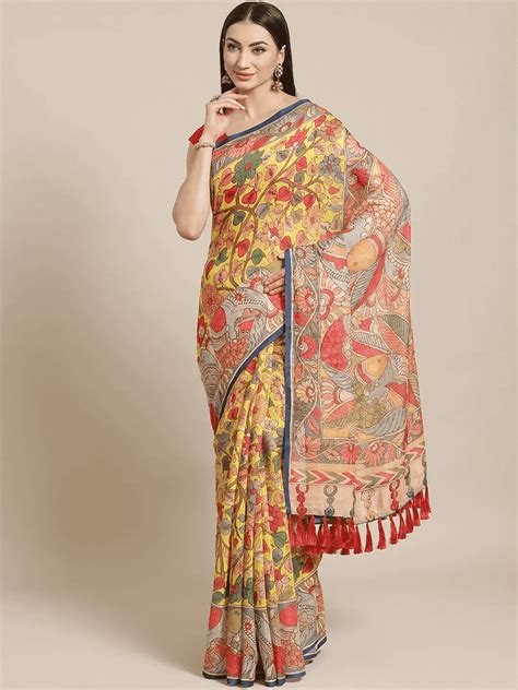 Pure Linen Pen Kalamkari Digital Print Saree | Vastranand