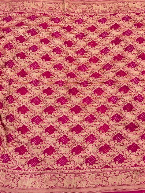 Rani Pink Bandhej Bandhini Elephant Border Saree