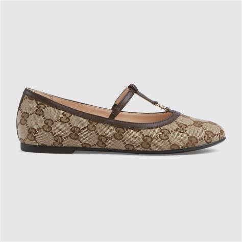 Teen Double G ballet flat in beige and ebony GG canvas | GUCCI® US