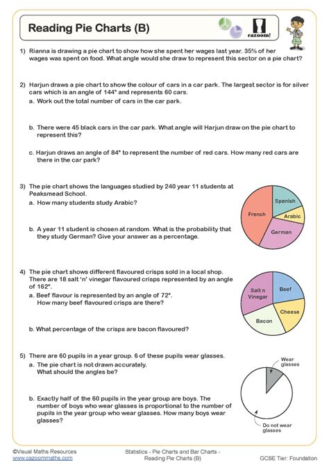 Reading Pie Charts (B) Worksheet | Printable Maths Worksheets