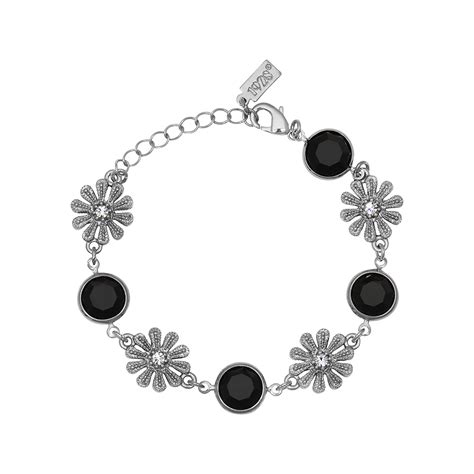 1928 Silver Tone Black Crystal Flower Bracelet