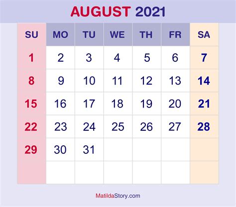 August 2021 Monthly Calendar, Monthly Planner, Printable Free – Sunday Start – MatildaStory.com