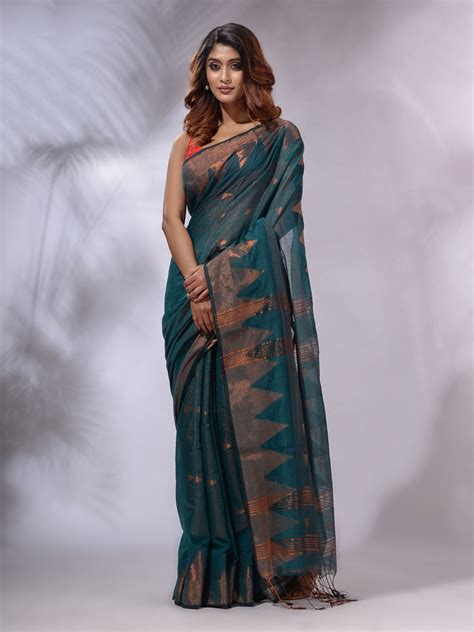 Teal Tissue Handwoven Soft Saree With Geometric Designs - Charukriti