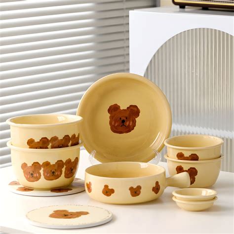 Poecelain Oven Safe Dinnerware Set in Yellow with Bear Pattern - 7 ...