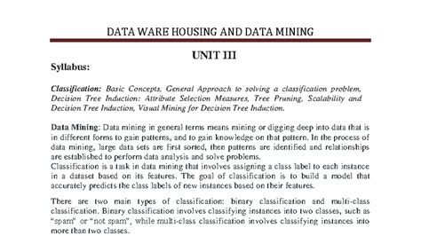 DWDM Unit 3: Classification Concepts & Decision Tree Induction - Studocu