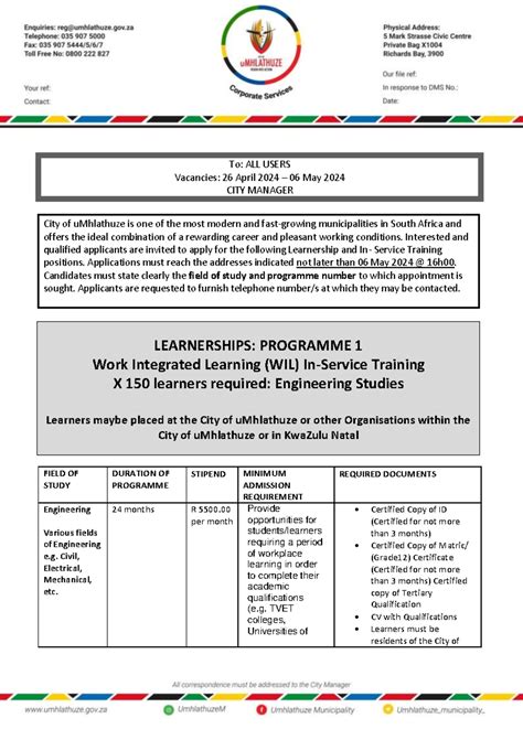 Learnership Programme 2024 - City of uMhlathuze is one of the most modern and fast-growing - Studocu