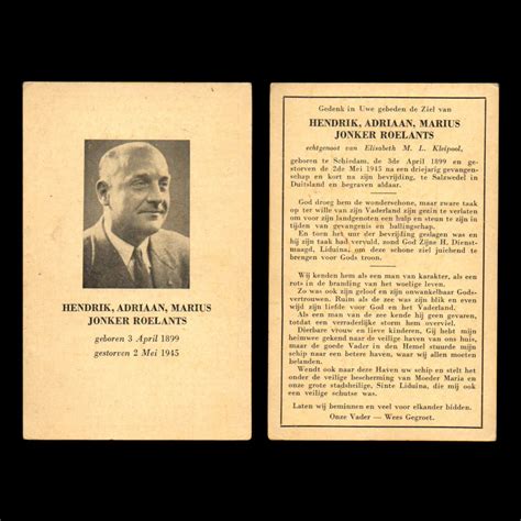 Bidprentje Hendrik, Adriaan, Marinus Jonker Roelants 2 Mei 1945 ...