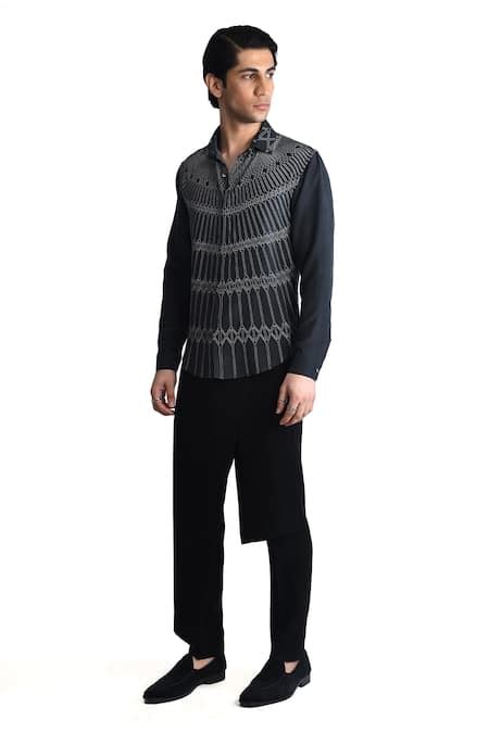 Buy Black Silk Crepe Printed Geometric Digital Shirt For Men by Rohit ...