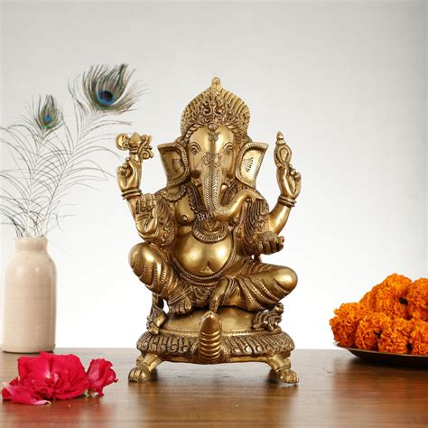 Buy Superfine Brass Lord Ganesha Seated on Tortoise Idol - 13 Inch ...