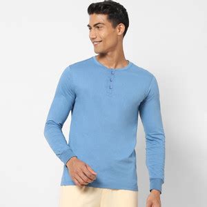 Ajile By Pantaloons Solid Men Henley Neck Blue T-Shirt - Buy Ajile By ...