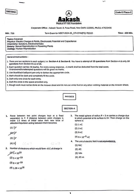 TE-01 Term Exam [OYM-2025] - Physics, Chemistry, Botany & Zoology ...