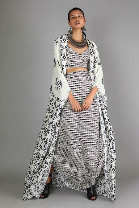 Buy White Raw Silk Draped Skirt And Organza Jacket Set For Women by SVA ...