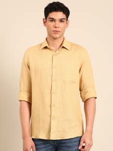 Linen Club Men Self Design Casual Yellow Shirt - Buy Linen Club Men ...