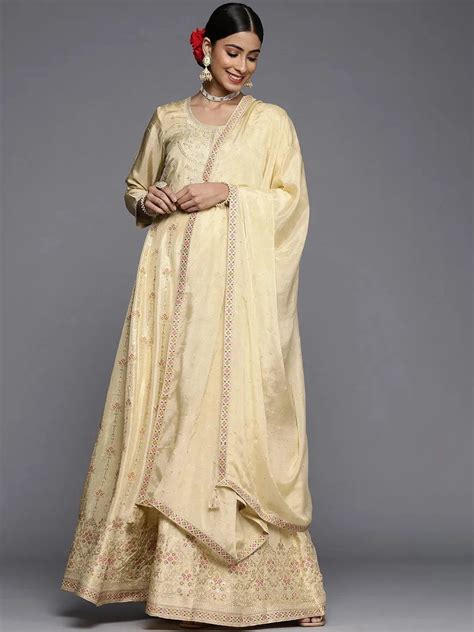 Buy Yellow Self Design Silk Anarkali Kurta With Churidar & Dupatta ...