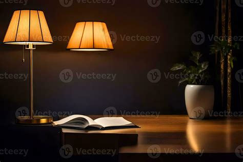 a lamp and book on a desk. AI-Generated 30119577 Stock Photo at Vecteezy