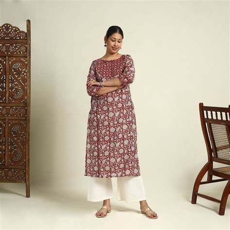 Red Block Print Mul Cotton Straight Bagh Kurta for Women