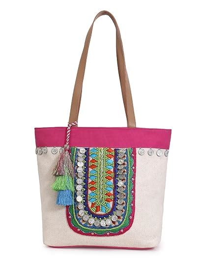 Buy Anekaant Boho Natural & Multicolor Cotton Jute Boho Embellished ...
