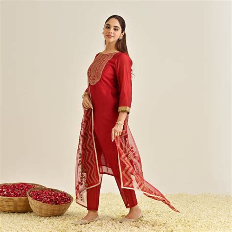 Buy Red Festive Embroidered Kurta Set with Embroidered Dupatta & Yoke ...