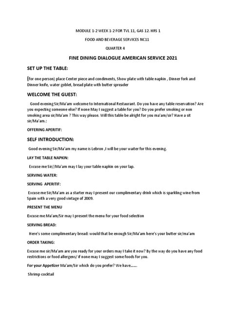 Image result for Fine Dining Service Script