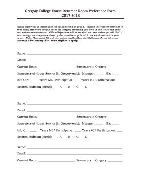 Fillable Online gregory house upenn Gregory Returner Room Preference ...