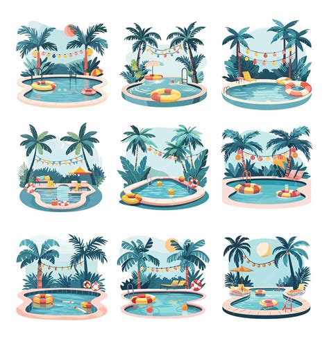 Pools cartoon vector set water tank inflatable swimming circles ...
