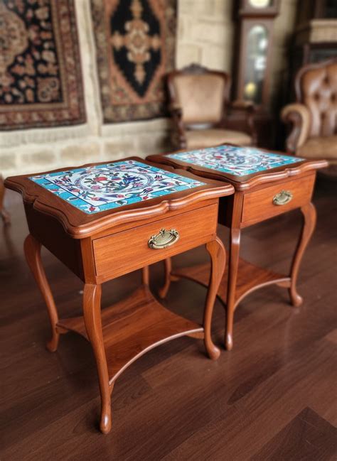 1993 Vintage Teakwood Side Tables with Floral Tile | Traditional Woode ...