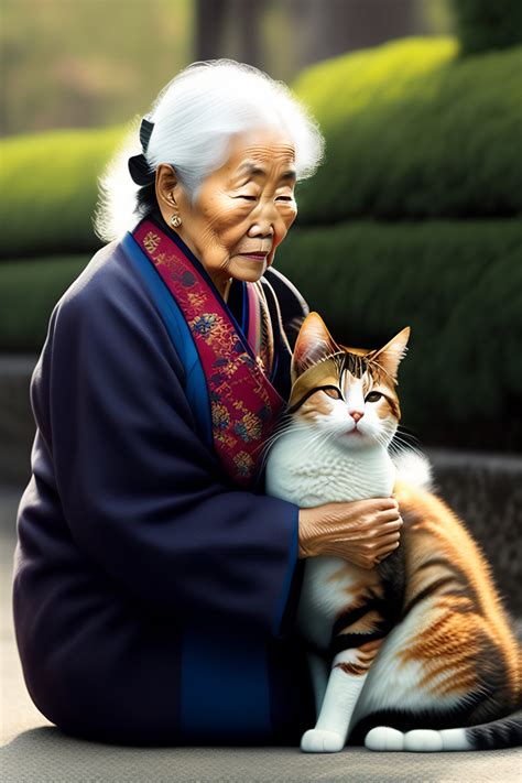 Lexica - Old Japanese grandmother riding a cat