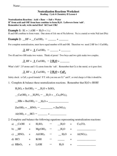 Worksheet 3 Neutralization Reactions | PDF