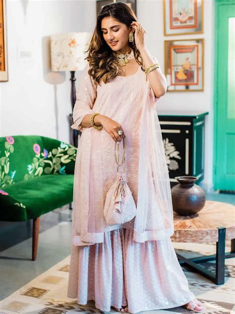 Buy Pink Sequinned Georgette Straight Kurta With Sharara & Dupatta ...