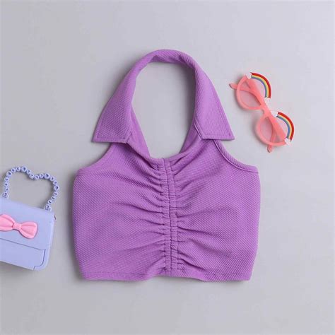 Shop Front Ruched Collar Detail Halter Neck Textured Crop Top-Purple ...