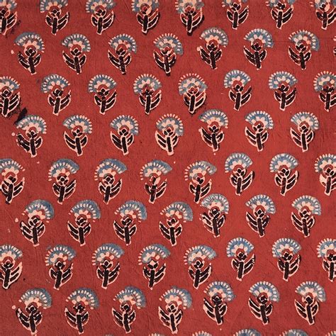 (PRE-CUT 1.35 METER) Pure Cotton Ajrak Rust Red With Blue Flower Motif ...