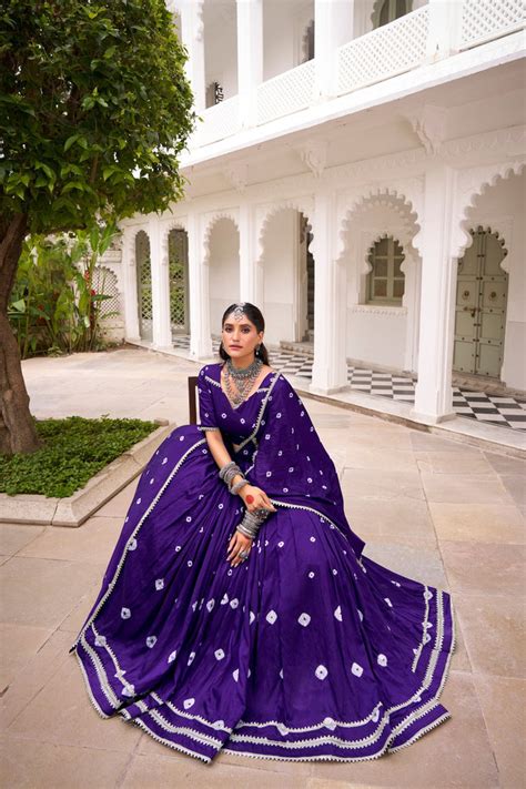 Purple Elegant Pure Chanderi Bandhej Print Lehenga Set with
