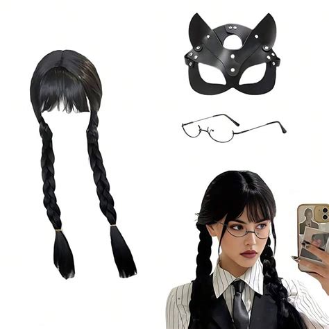 Anime Wednesday Wig Com Máscara De Raposa E Óculos De Meia Armação ...