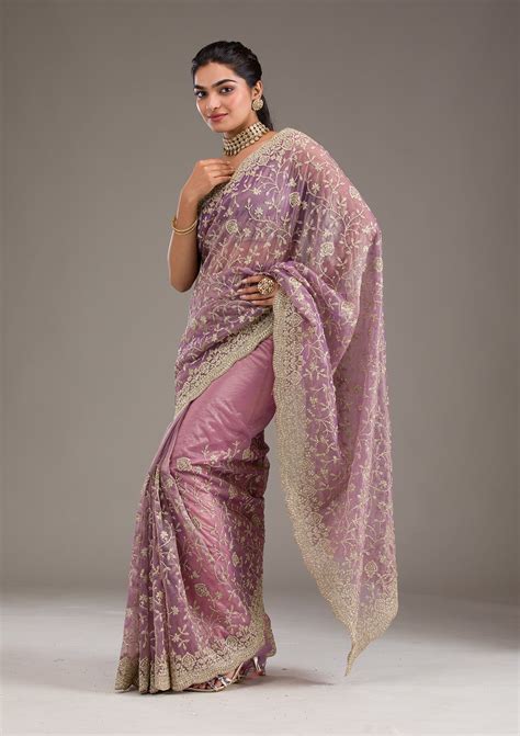 Buy Purple Sequins Tissue Saree - Koskii